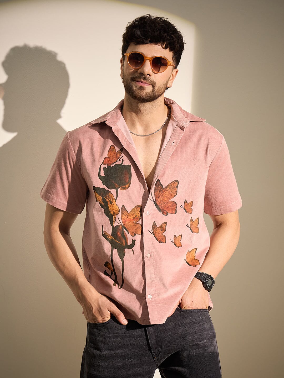 Dusty Coral Rose Graphic Corduroy Shirt