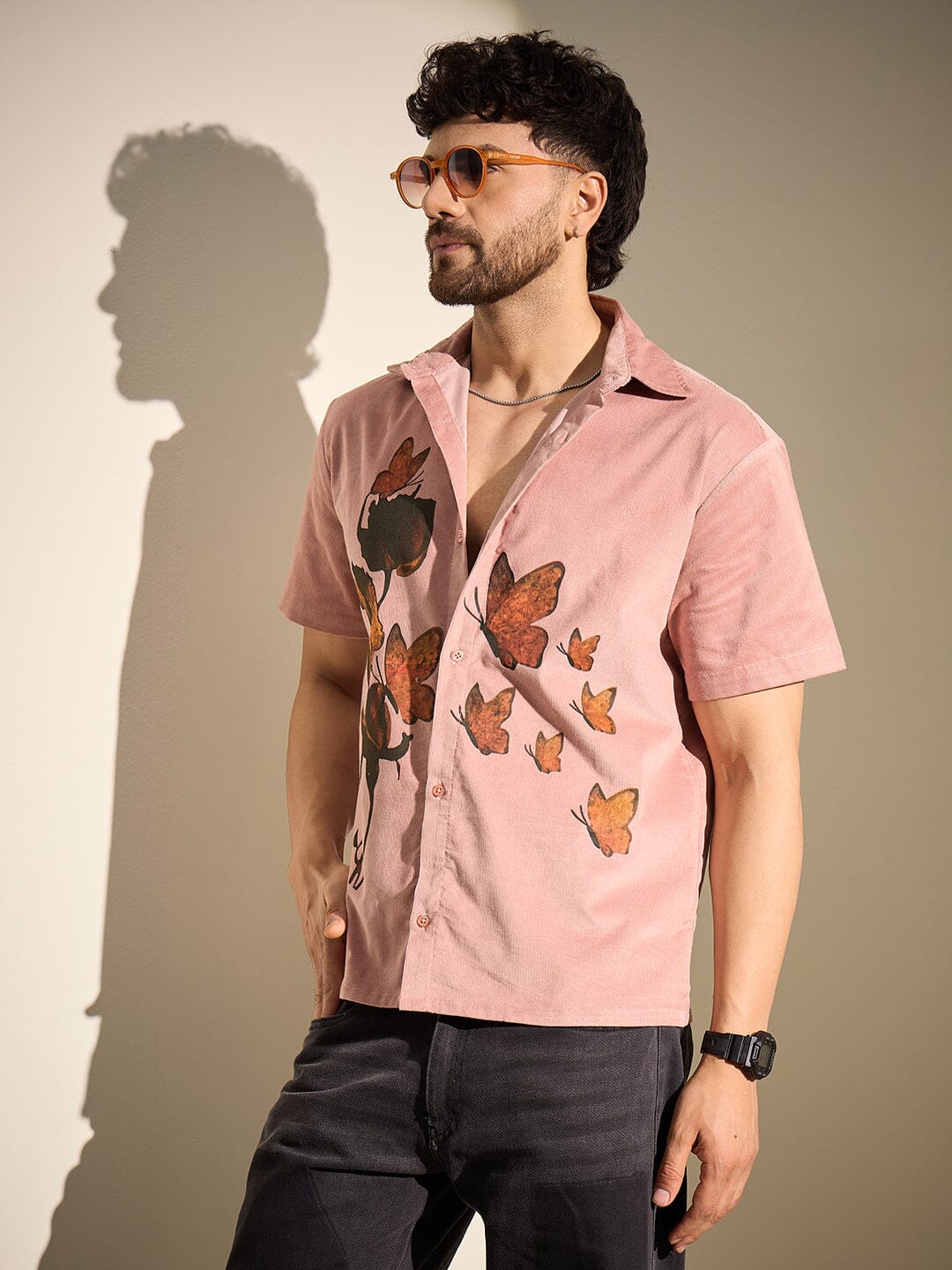 Dusty Coral Rose Graphic Corduroy Shirt