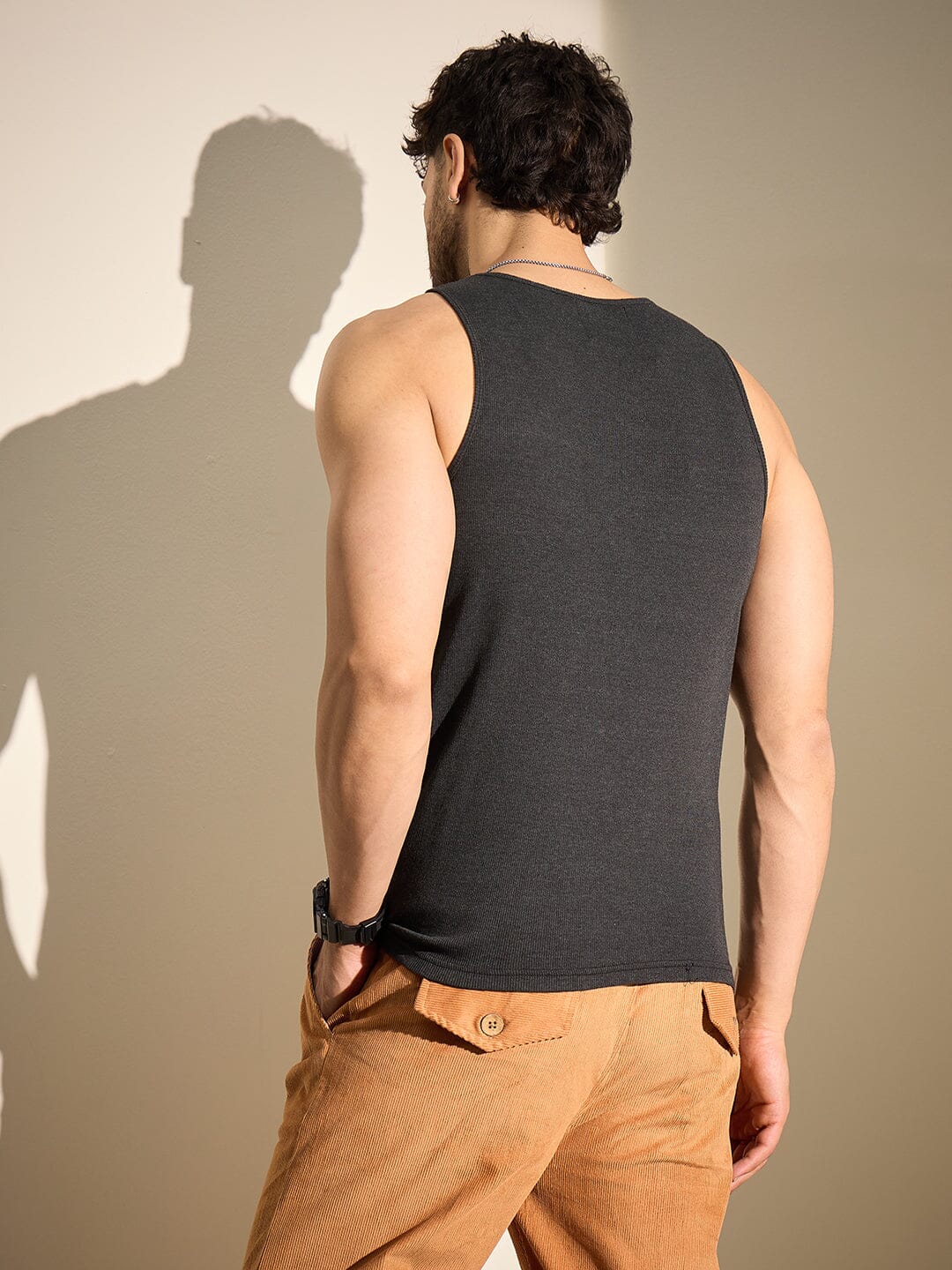Charcoal Ribbed Muscle Fit Vest
