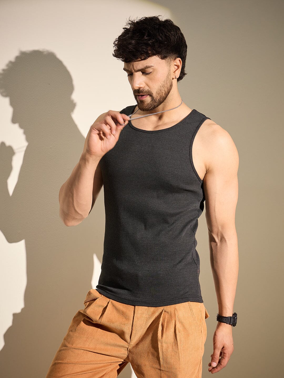 Charcoal Ribbed Muscle Fit Vest