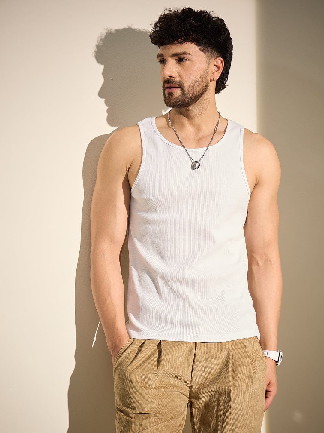 White Ribbed Muscle Fit Vest
