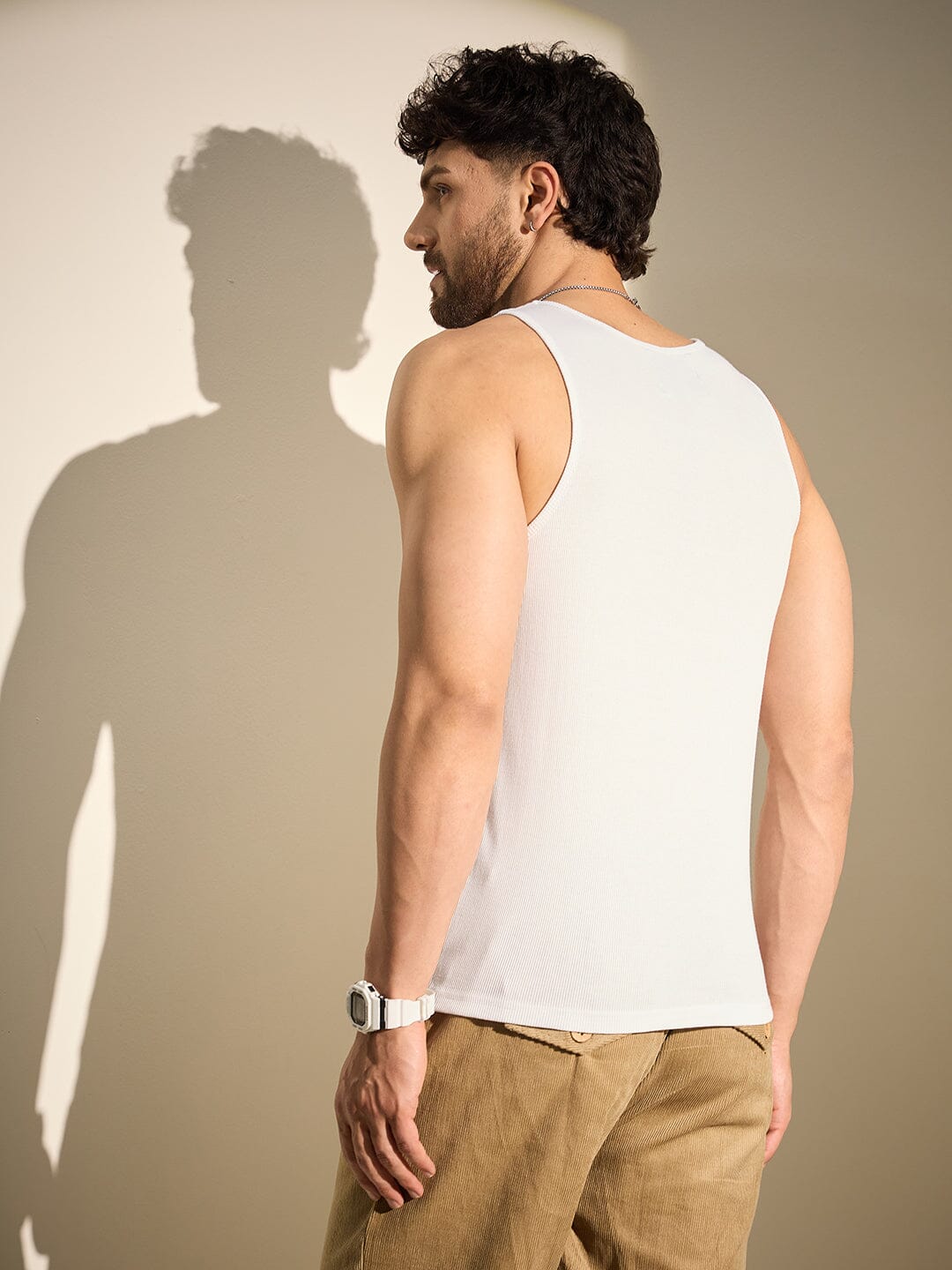 White Ribbed Muscle Fit Vest