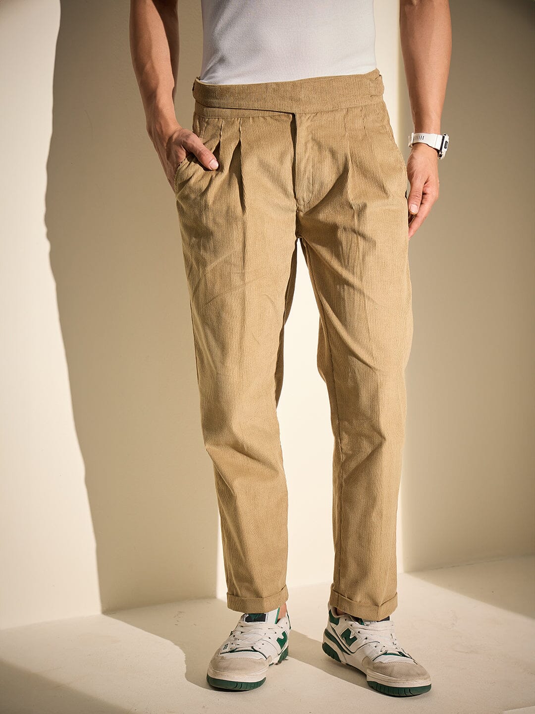 Taupe Pleated Corduroy Trousers