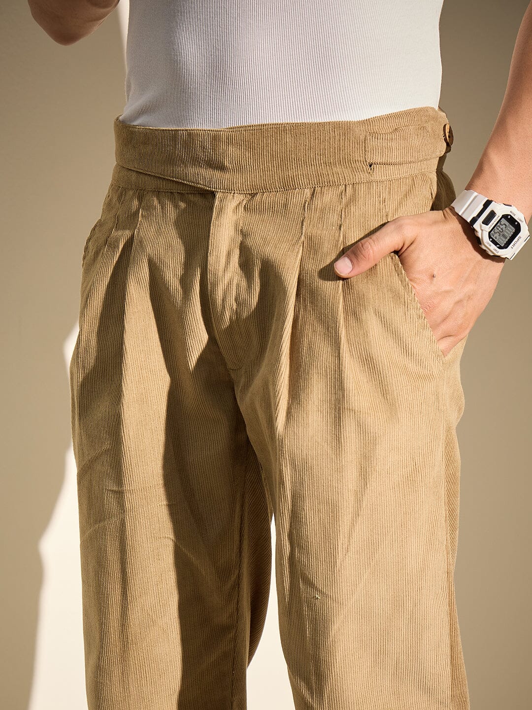 Taupe Pleated Corduroy Trousers