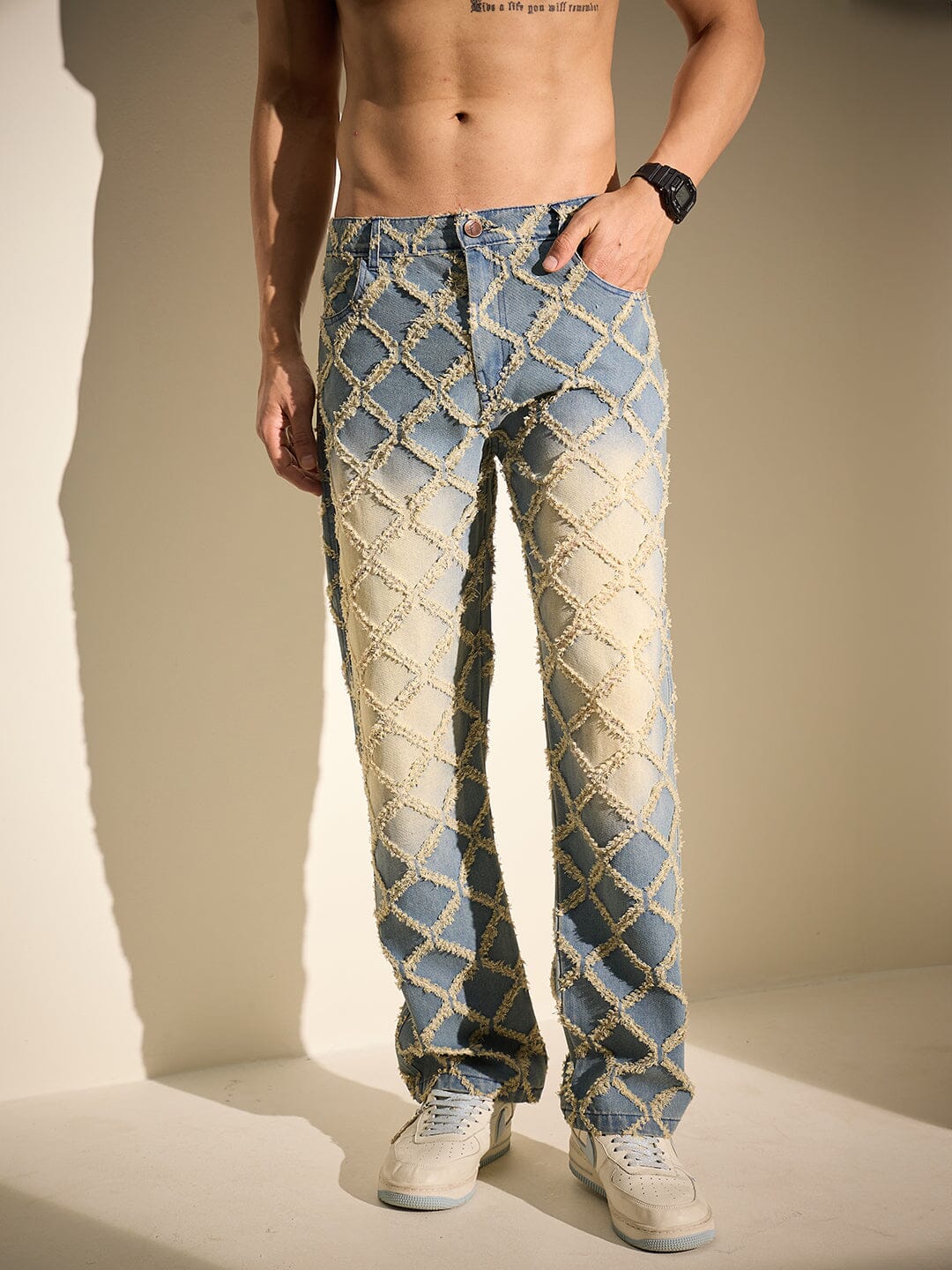Indigo Distressed Pattern Straight Fit Denim