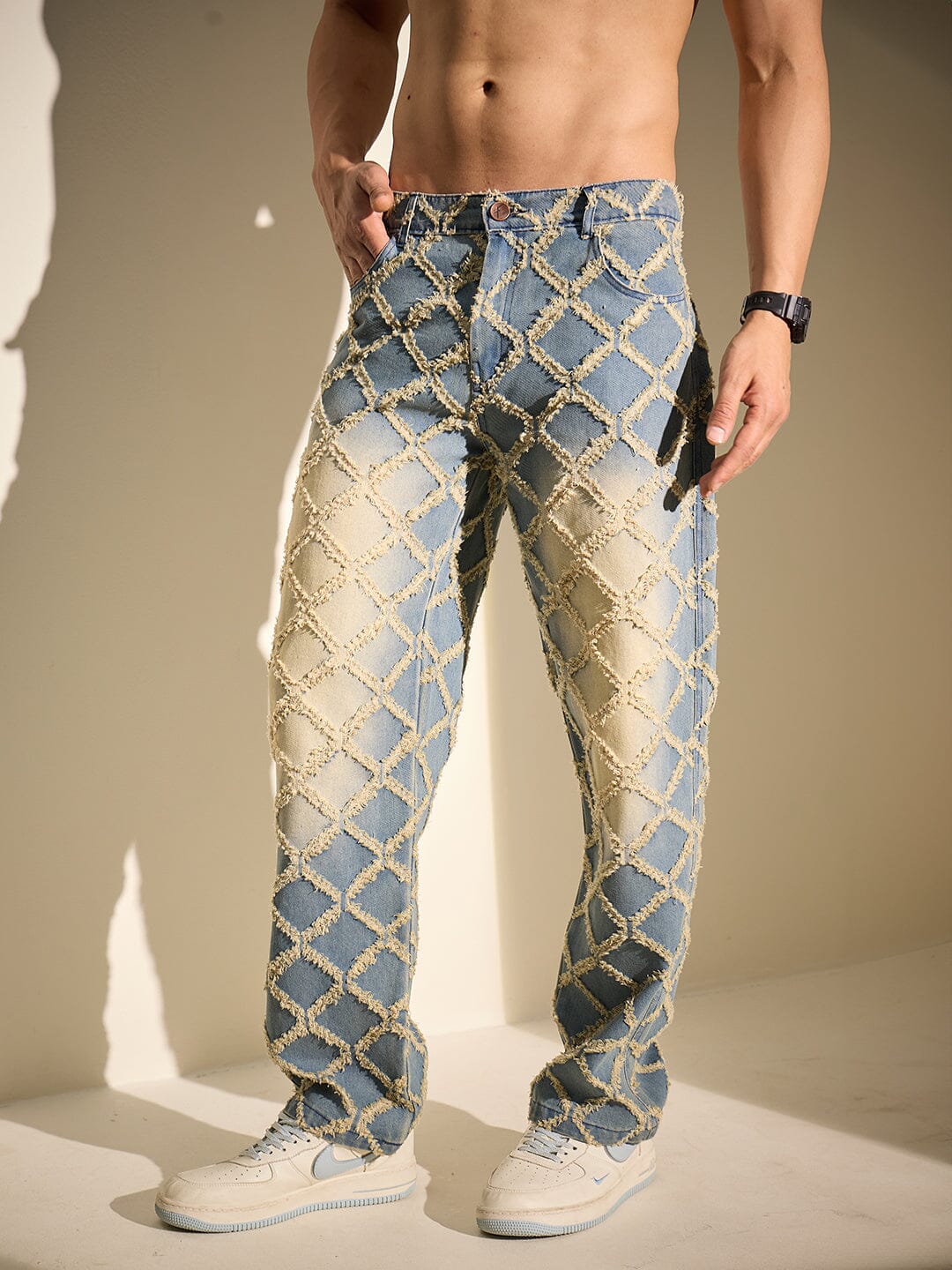 Indigo Distressed Pattern Straight Fit Denim