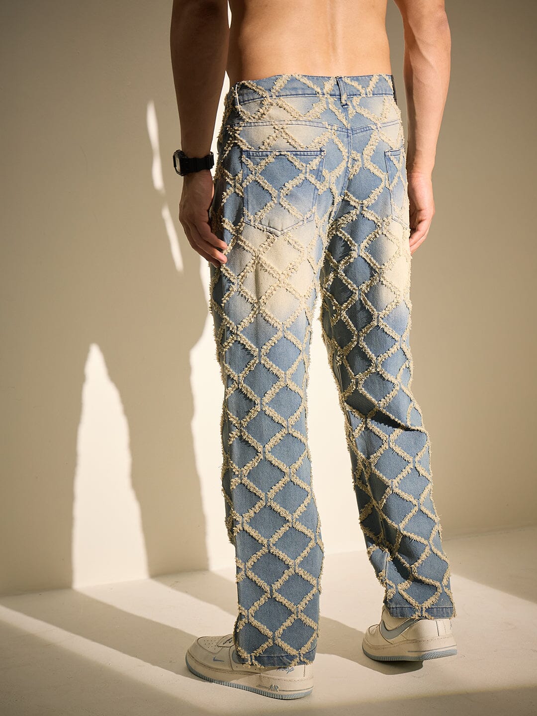 Indigo Distressed Pattern Straight Fit Denim