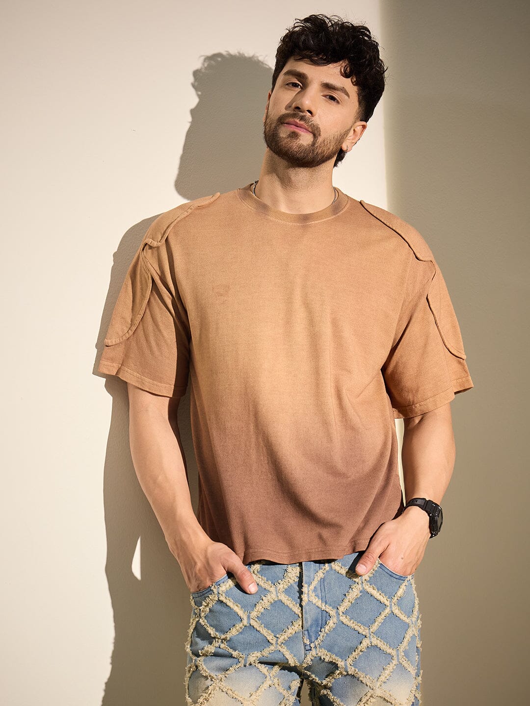 Brown Ombre Padded Shoulder Oversized Tshirt