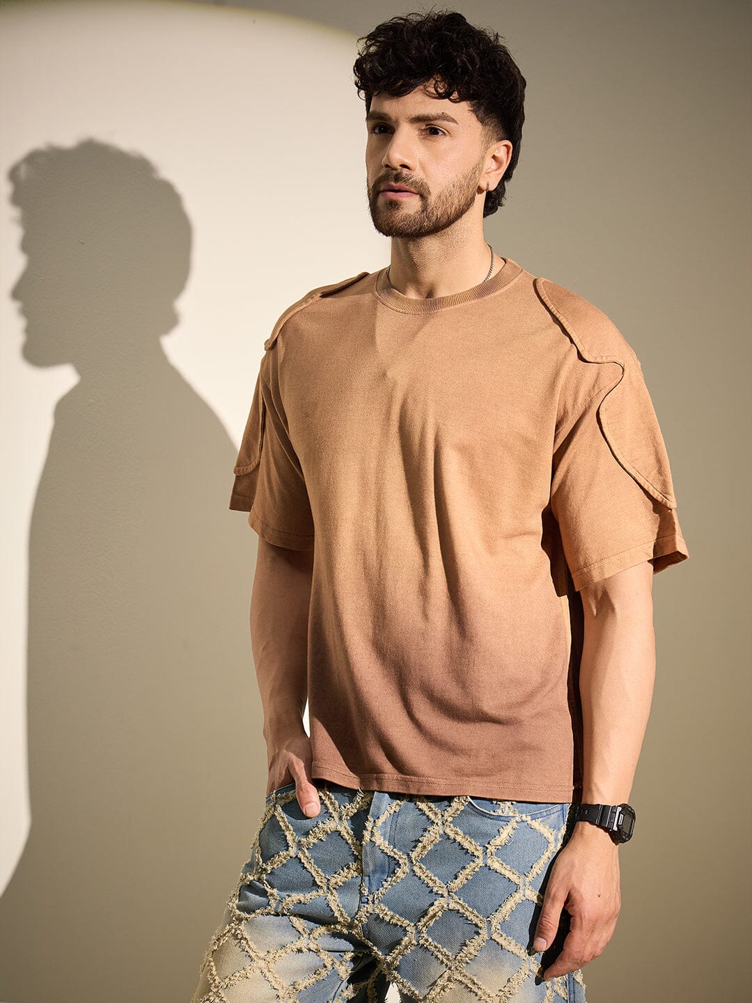 Brown Ombre Padded Shoulder Oversized Tshirt