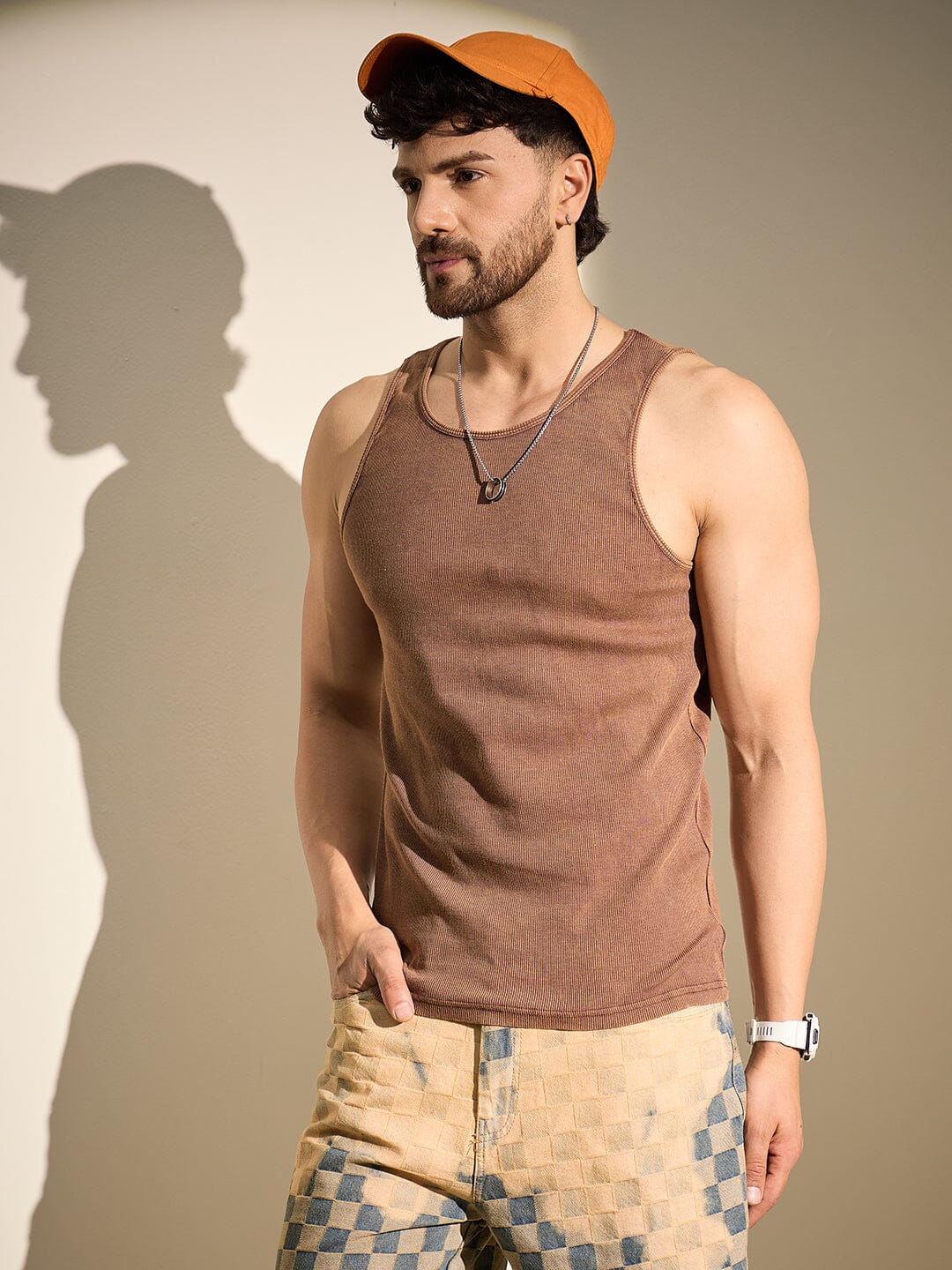 Coffee Dyed Ribbed Muscle Fit Vest