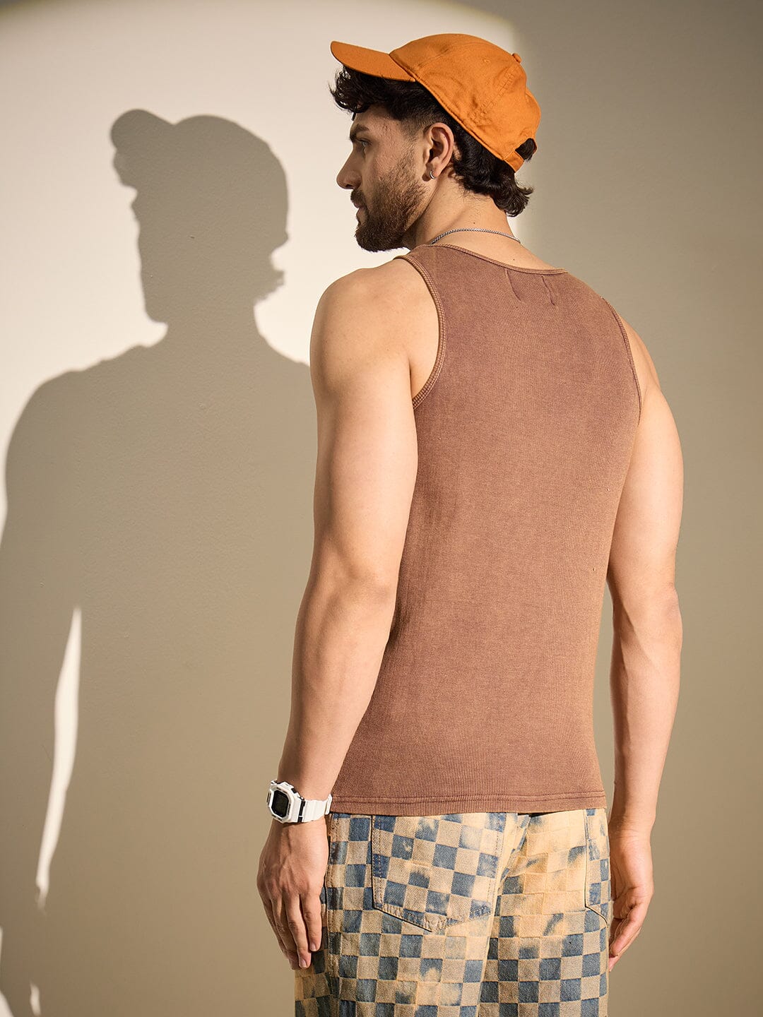 Coffee Dyed Ribbed Muscle Fit Vest