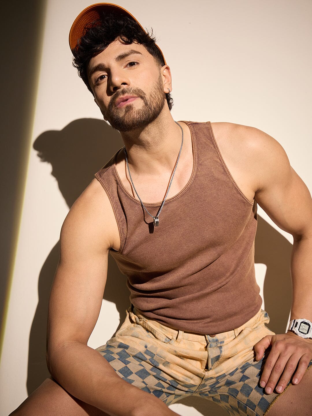 Coffee Dyed Ribbed Muscle Fit Vest