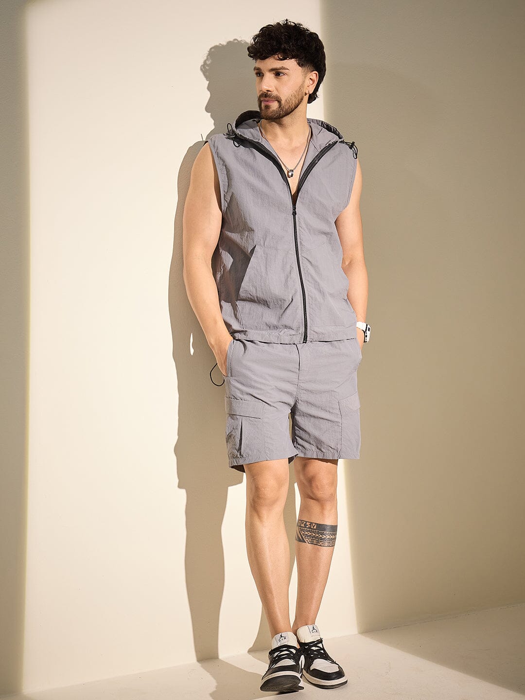 Steel Grey Nylon Sleeveless Windbreaker Jacket