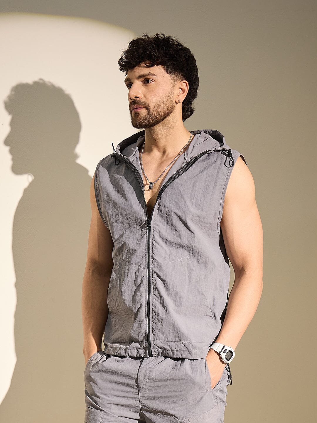 Steel Grey Nylon Sleeveless Windbreaker Jacket