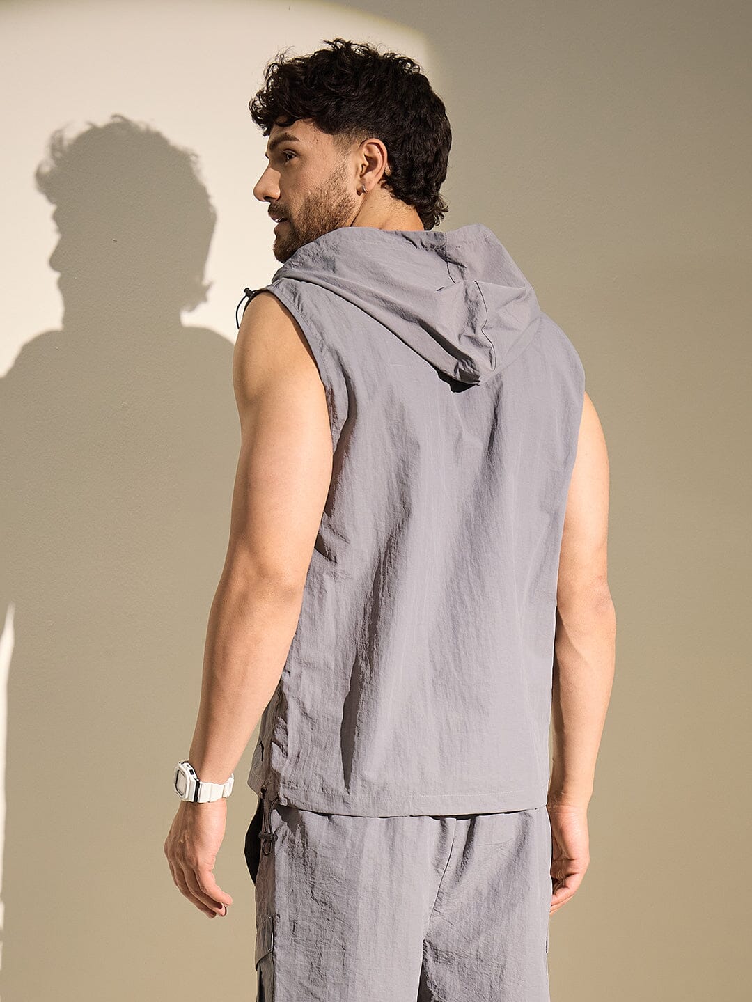 Steel Grey Nylon Sleeveless Windbreaker Jacket