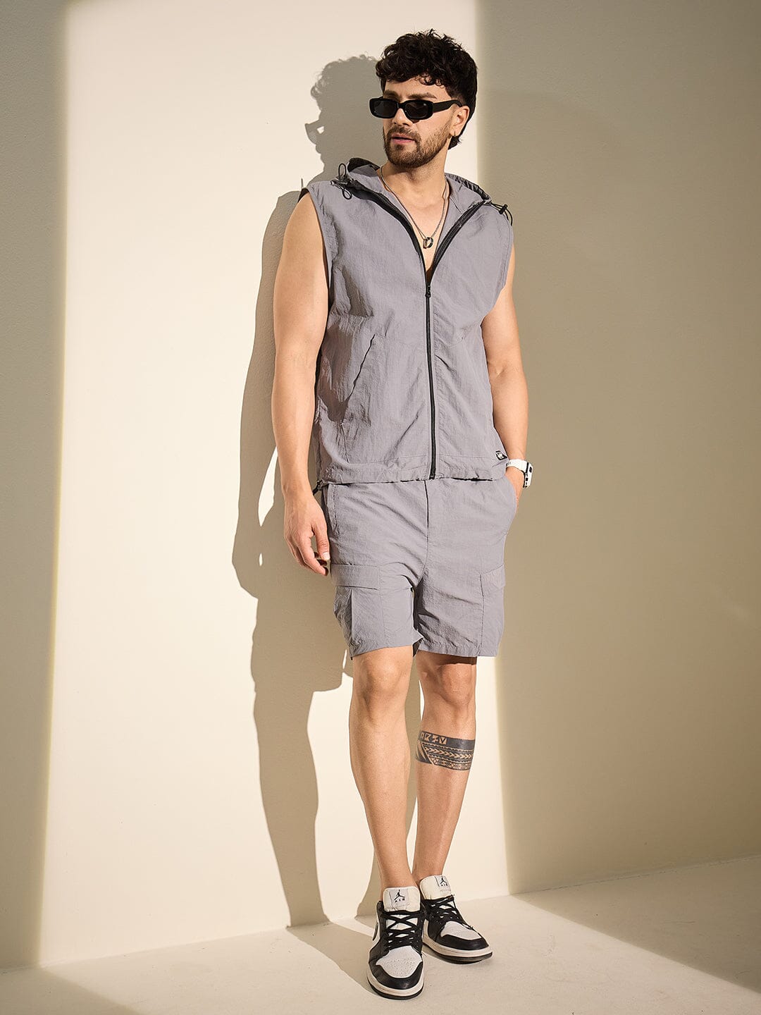 Steel Grey Nylon Sleeveless Windbreaker Jacket