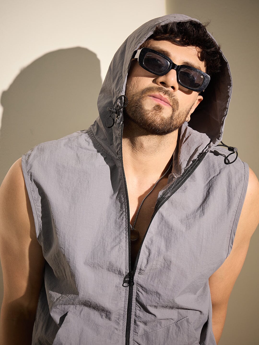 Steel Grey Nylon Sleeveless Windbreaker Jacket