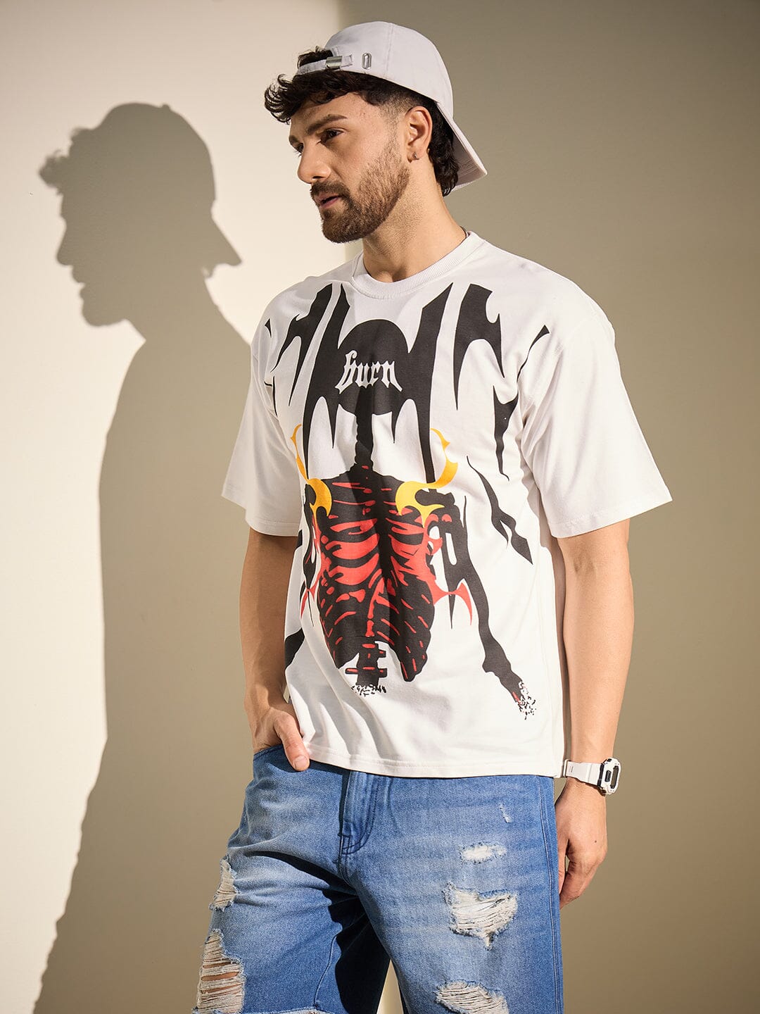 White Burn Graphic Oversized Tshirt
