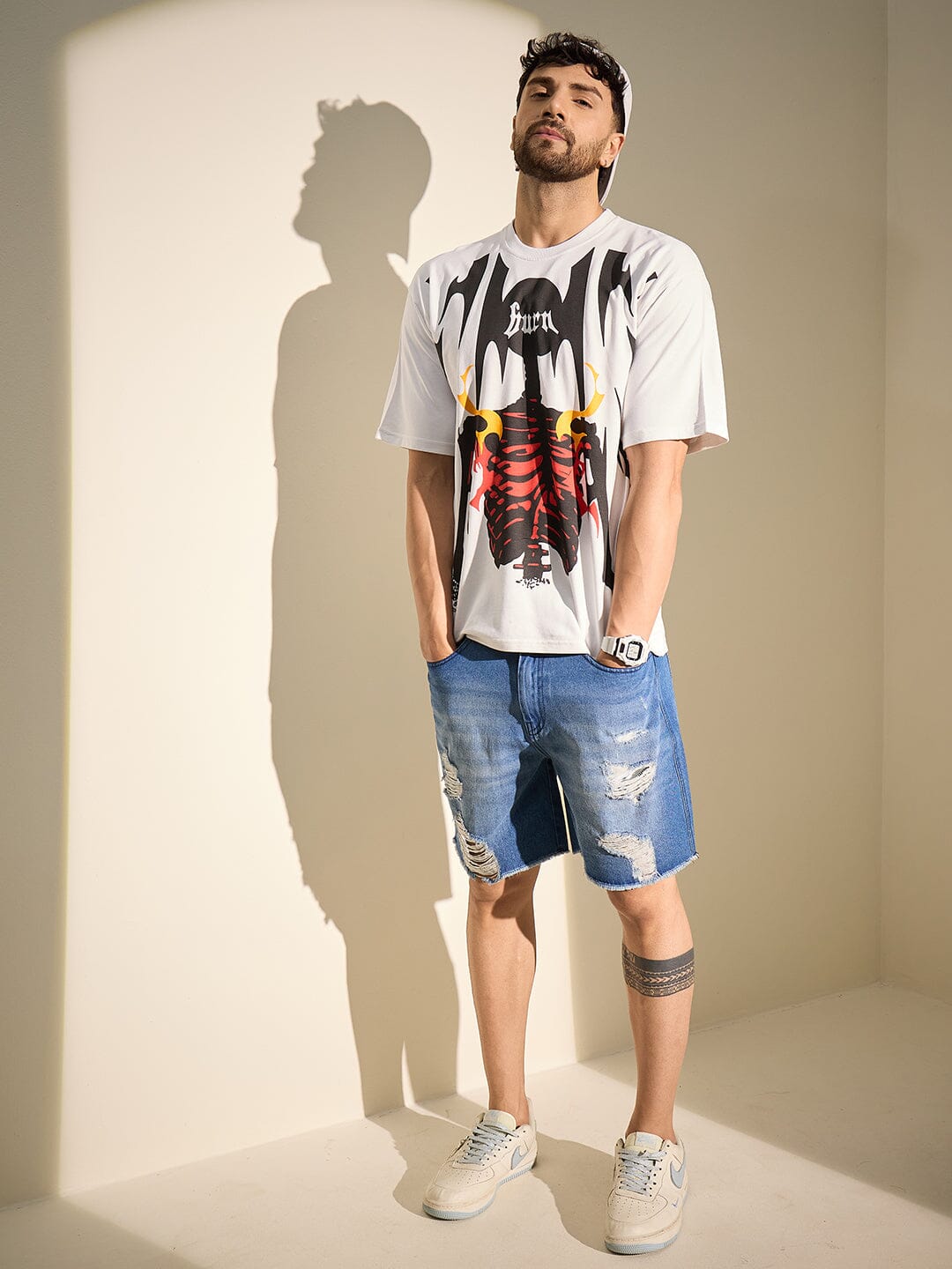 White Burn Graphic Oversized Tshirt