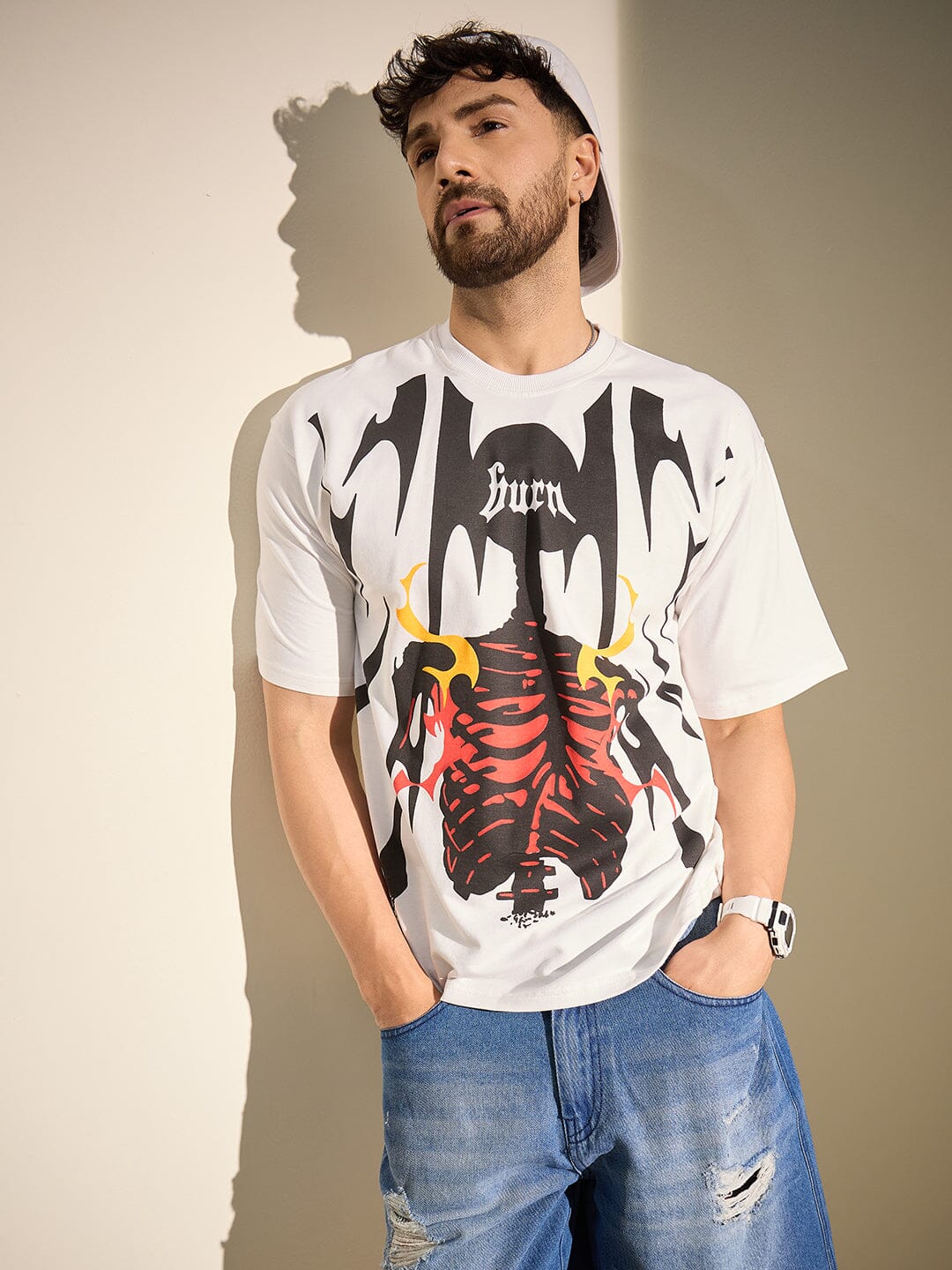White Burn Graphic Oversized Tshirt