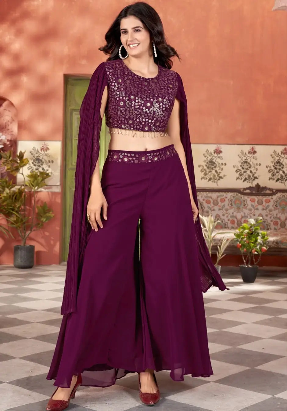 Designer Wine Georgette Indo Western With Sequins Work - qivii