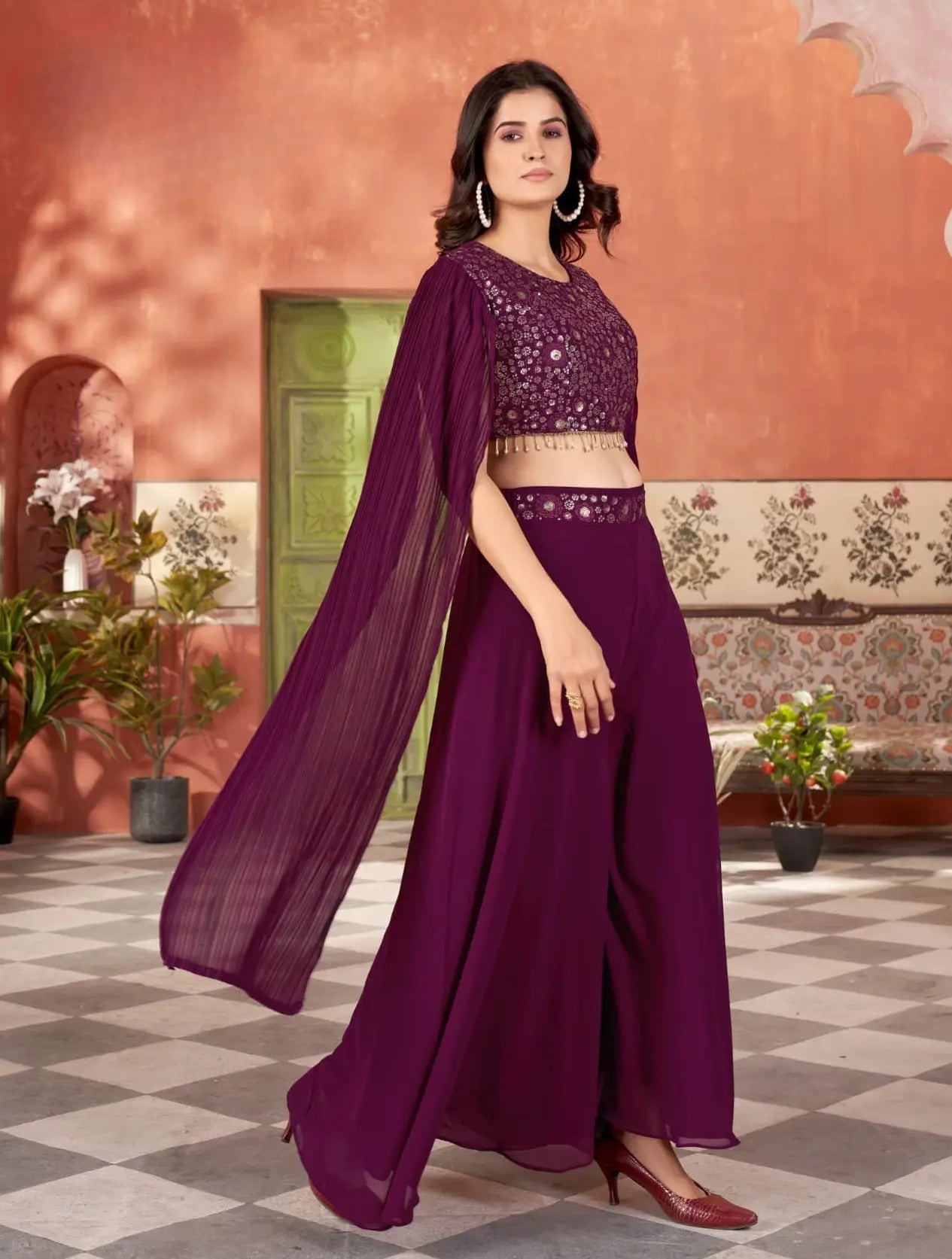 Designer Wine Georgette Indo Western With Sequins Work - qivii