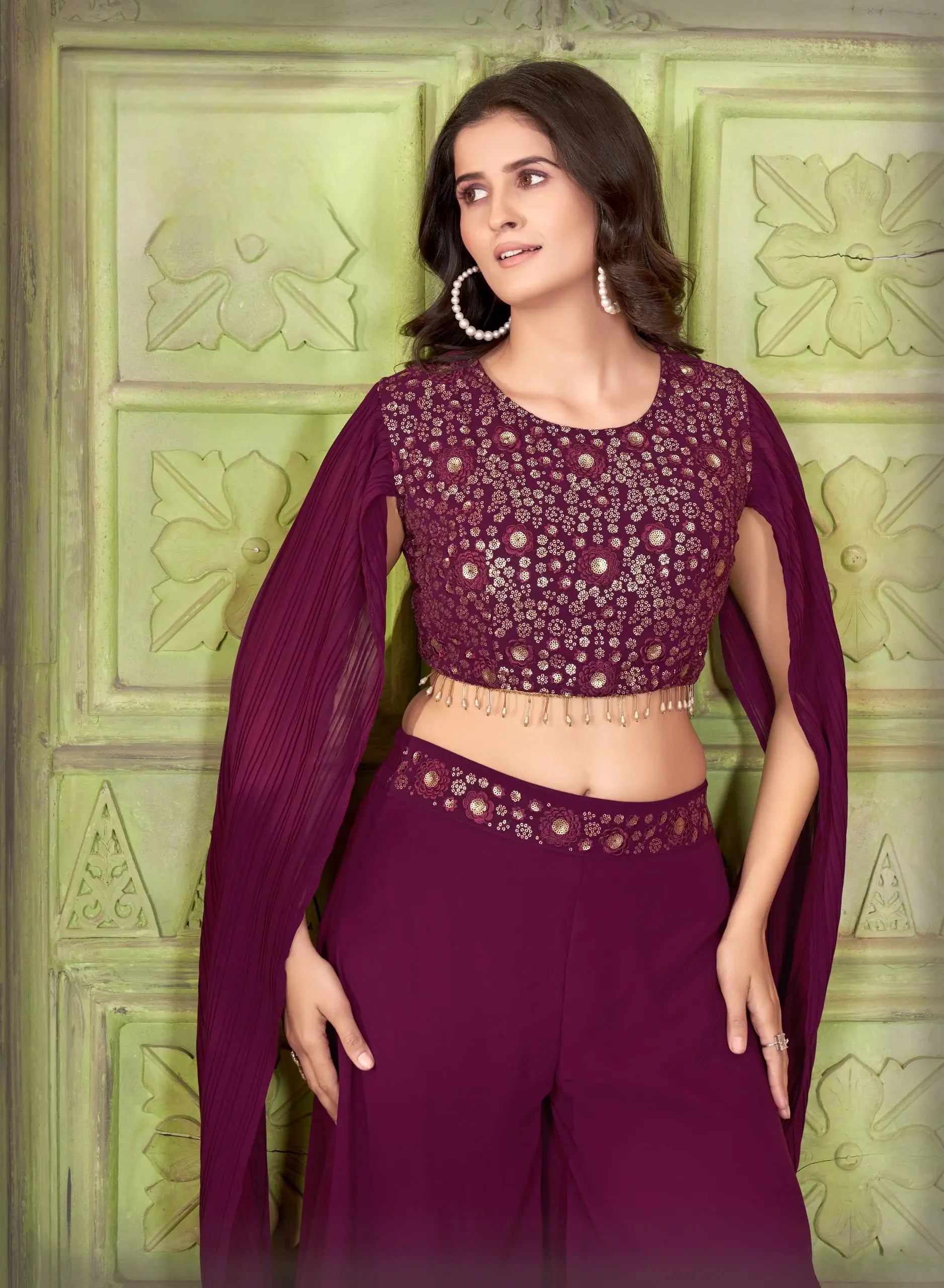 Designer Wine Georgette Indo Western With Sequins Work - qivii