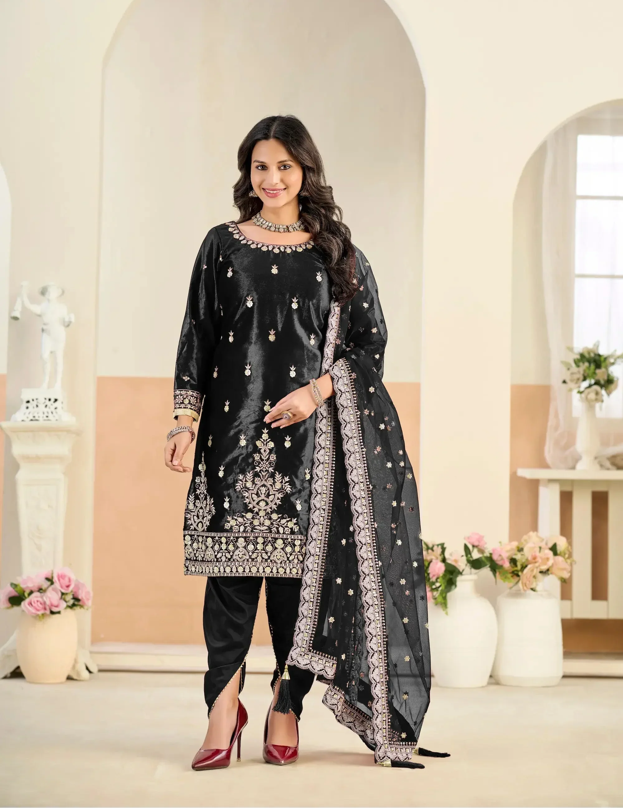 Smoky Black Velvet Embroidered Salwar Suit