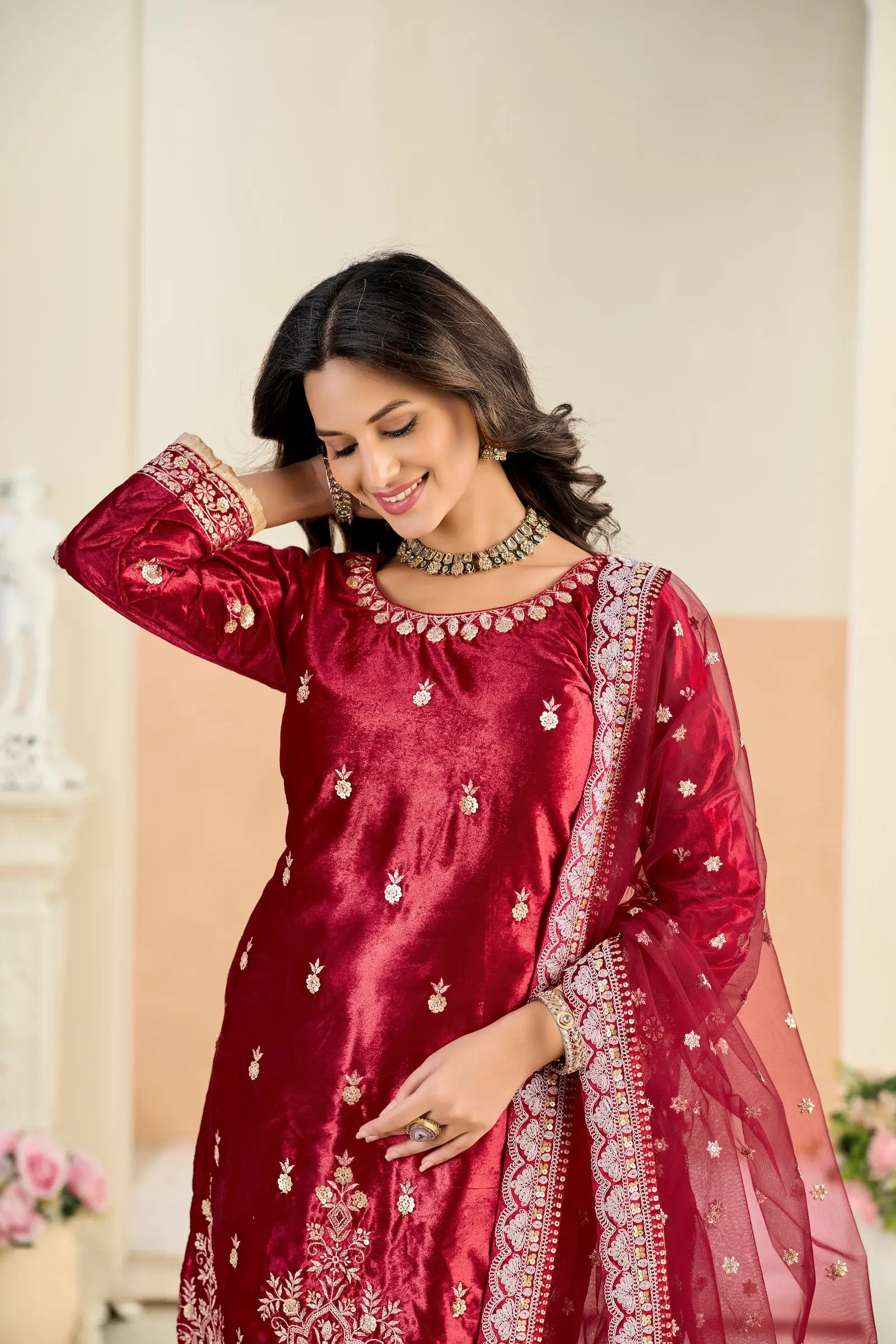 Hot Red Velvet Embroidered Salwar Suit