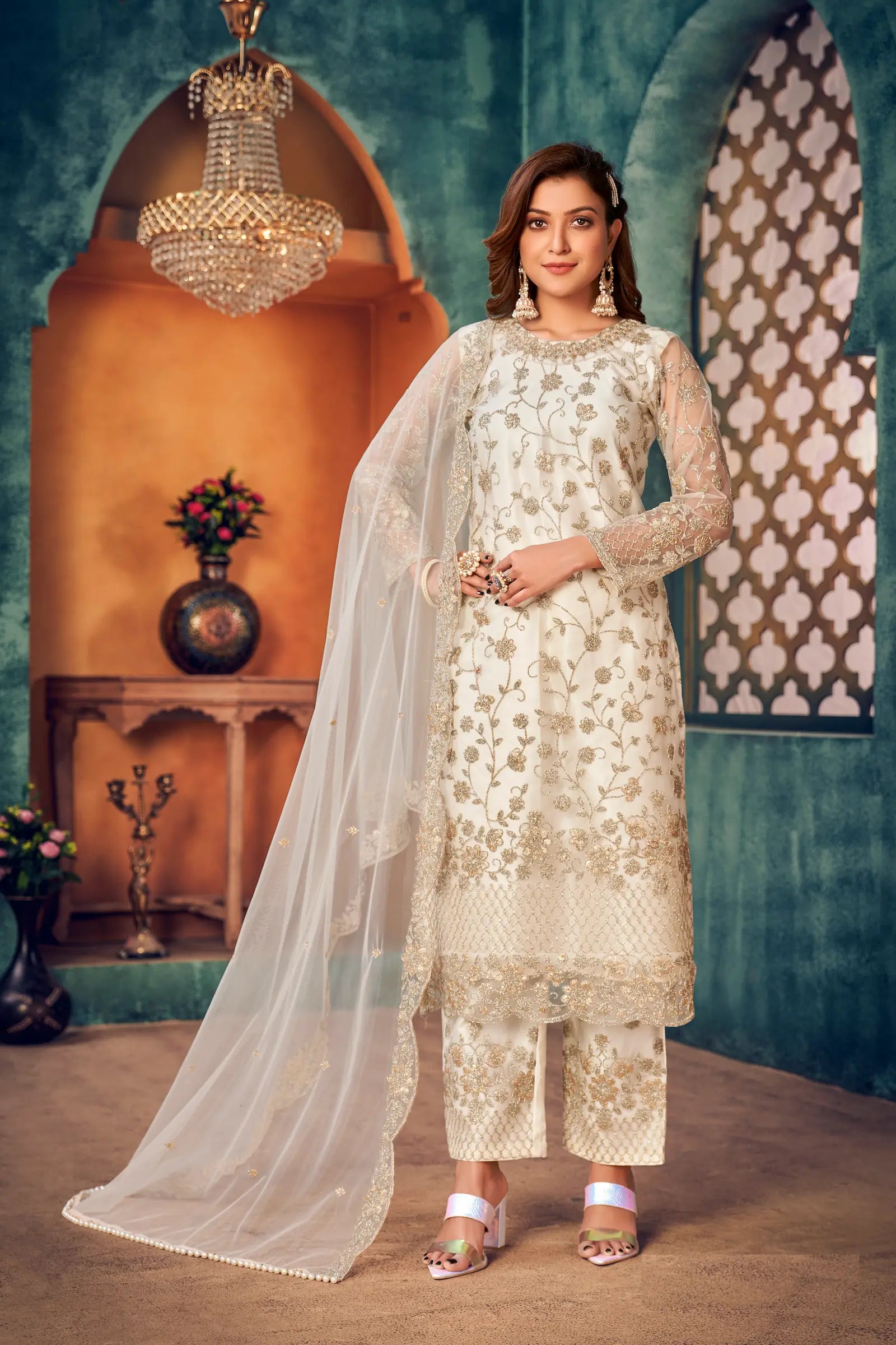 White Net Thread & Sequence Embroidery Work Salwar Suit - qivii