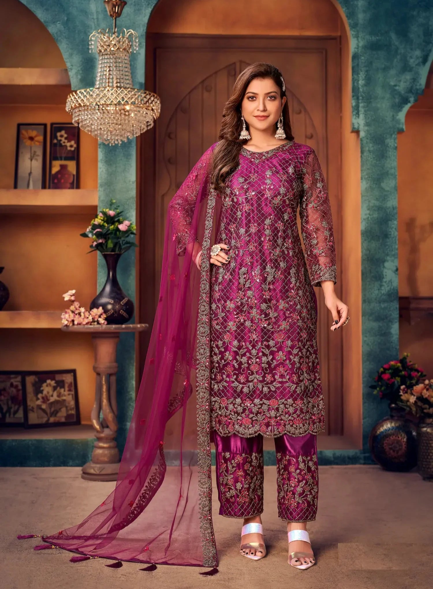 Dark Purple Net Thread & Sequence Embroidery Work Salwar Suit - qivii