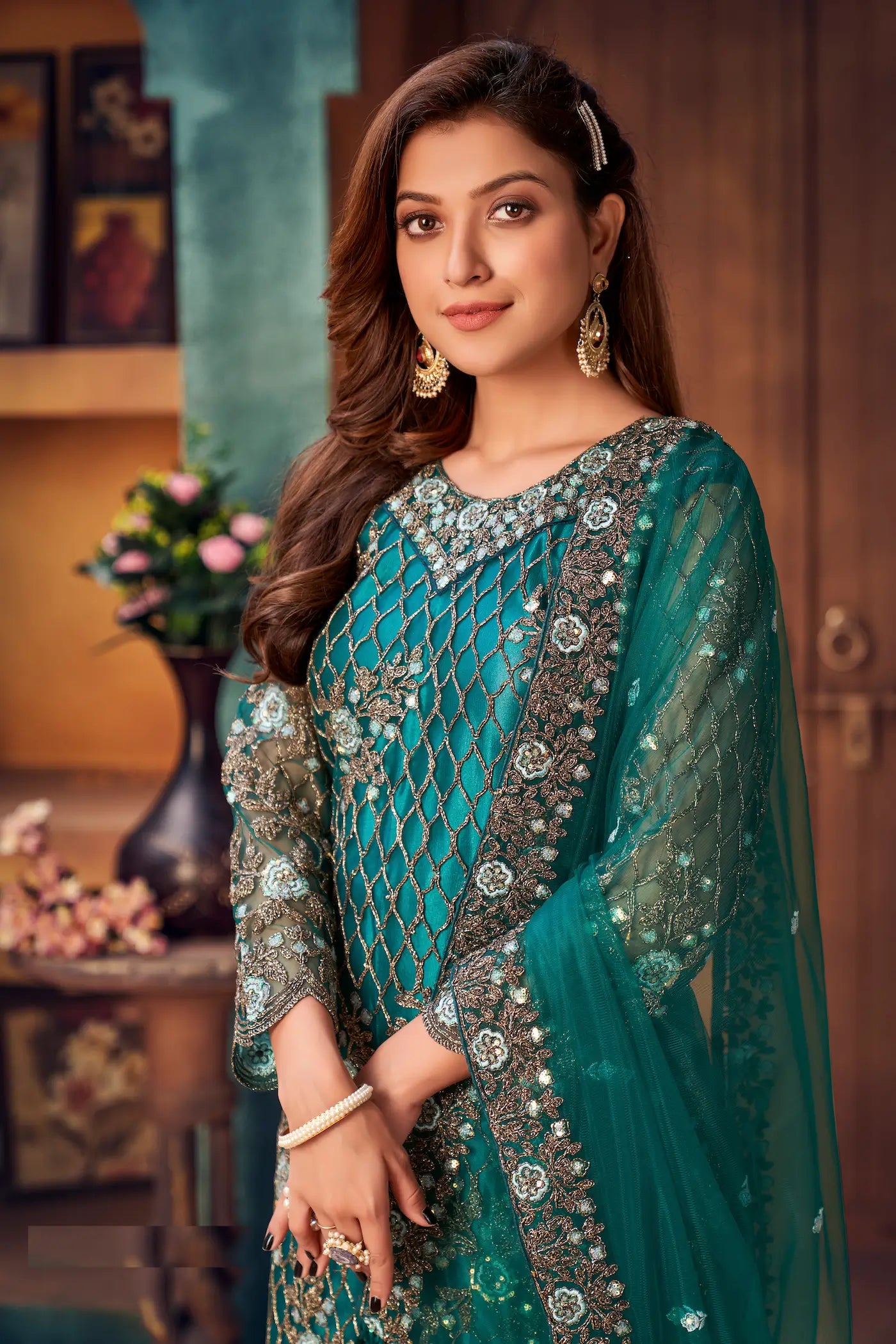 Teal Blue Net Thread & Sequence Embroidery Work Salwar Suit - qivii