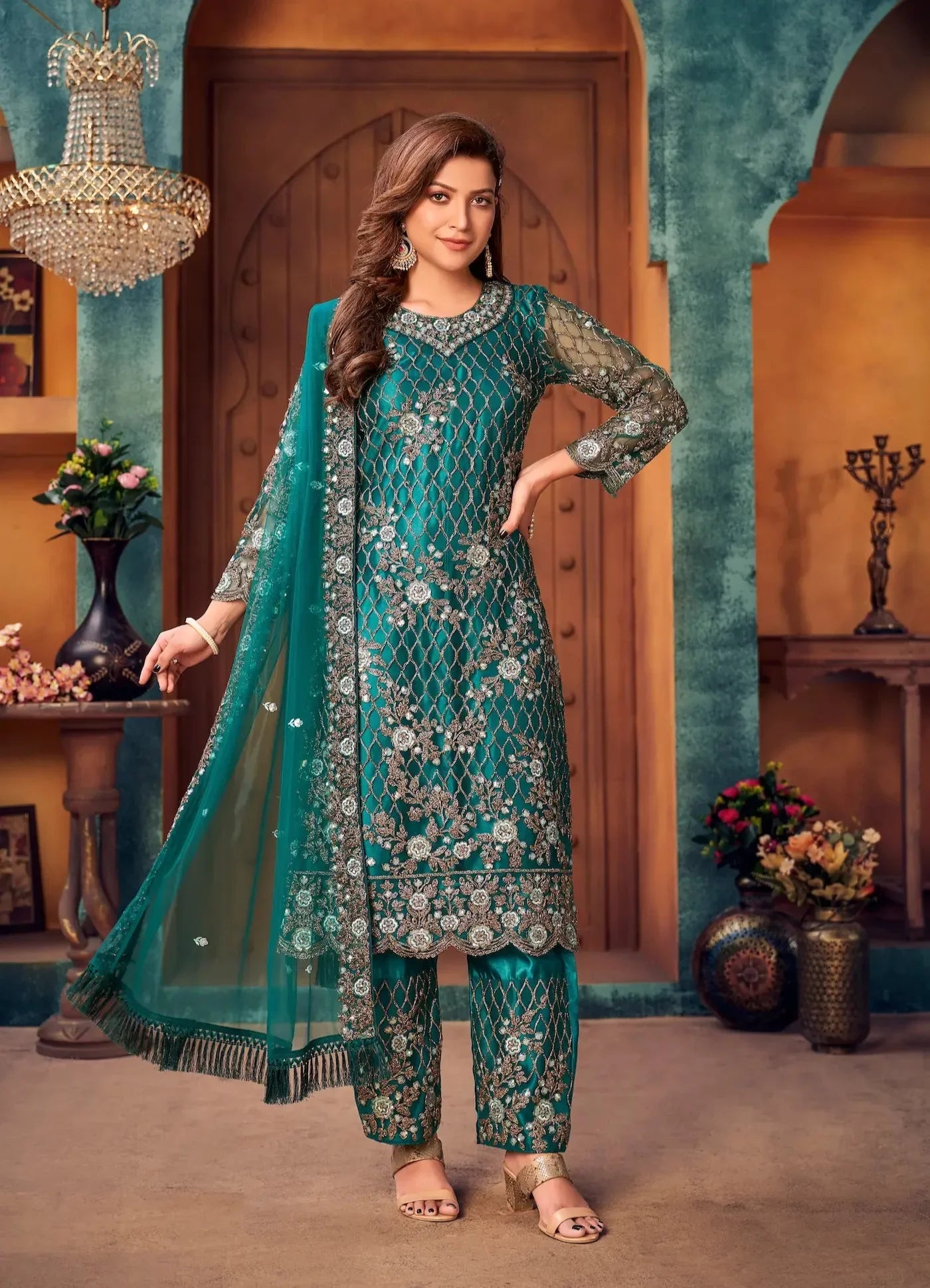 Teal Blue Net Thread & Sequence Embroidery Work Salwar Suit - qivii