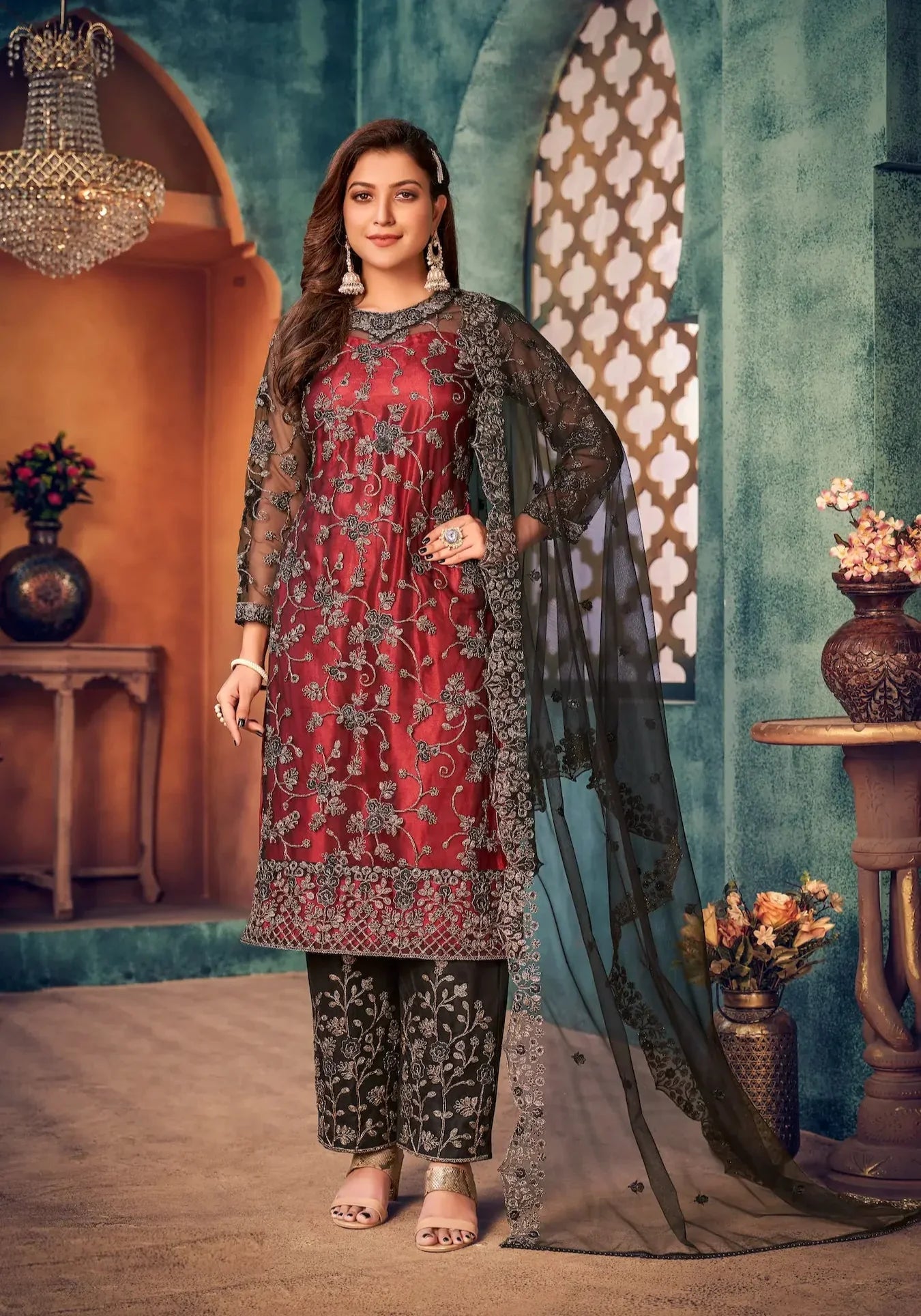 Brick Red Net Thread & Sequence Embroidery Work Salwar Suit - qivii
