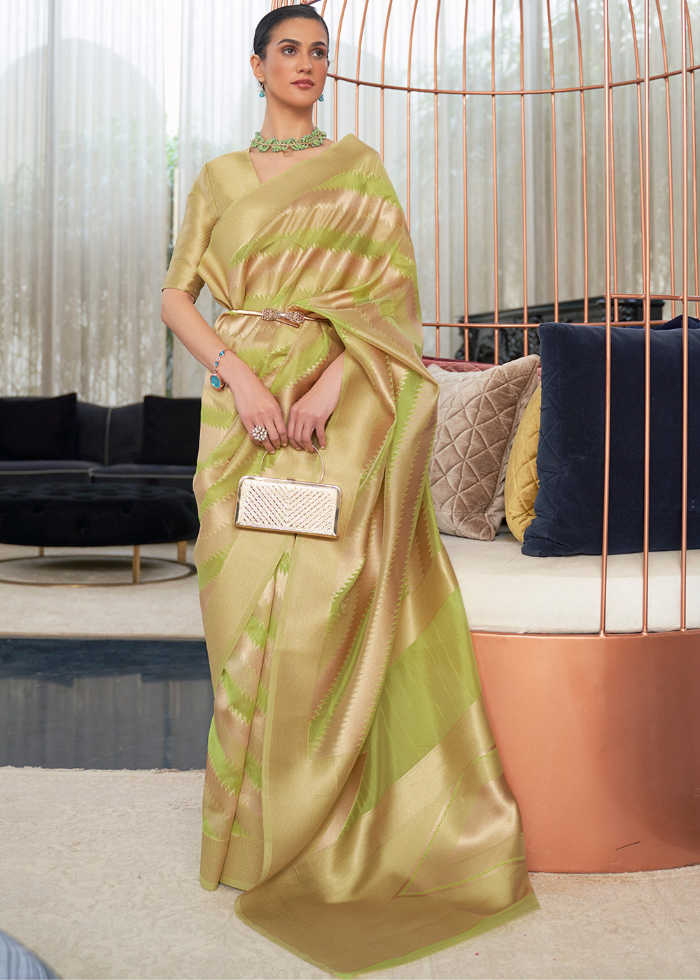Green & Golden Woven Organza Silk Saree - qivii
