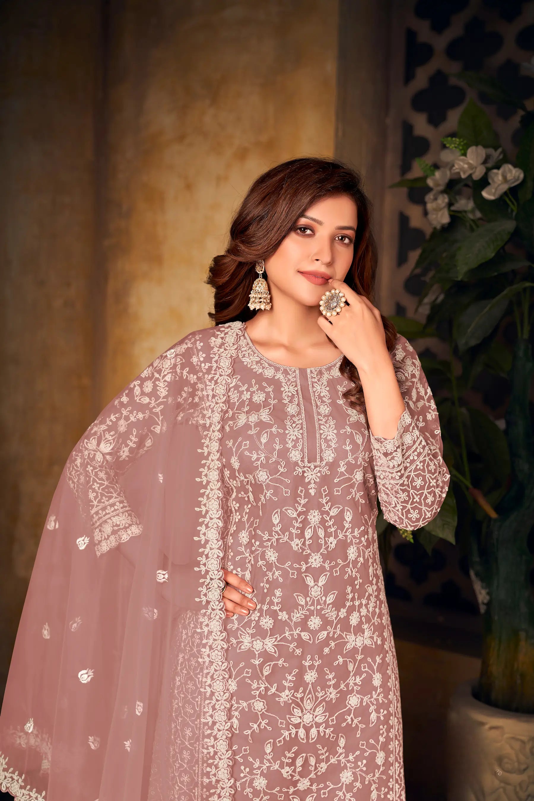 Dusty Peach Net Thread & Sequence Embroidery Work Salwar Suit - qivii