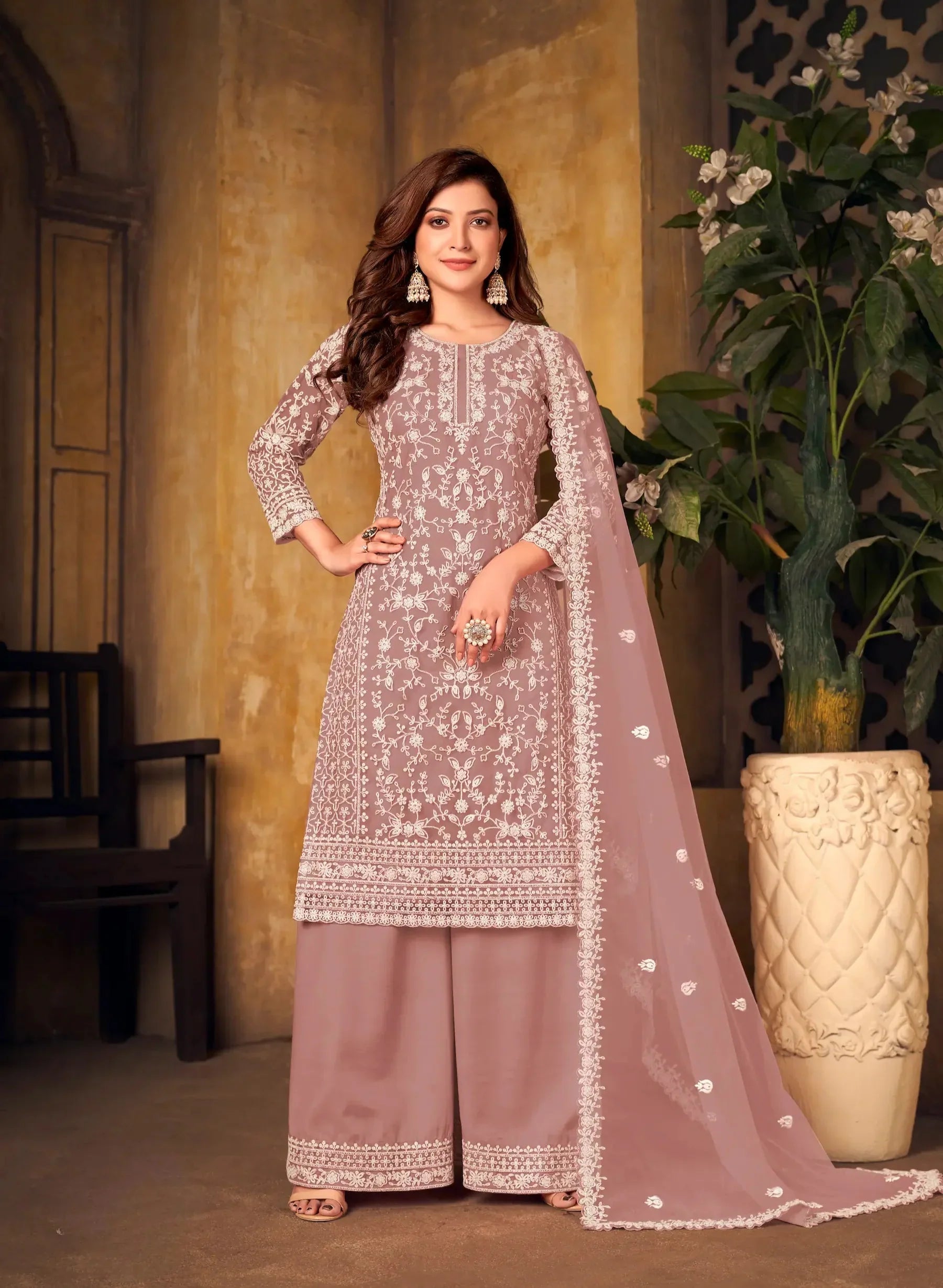 Dusty Peach Net Thread & Sequence Embroidery Work Salwar Suit - qivii