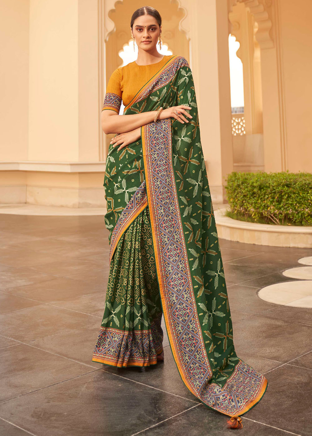 Hunter Green Patola Print Georgette Silk Saree - qivii