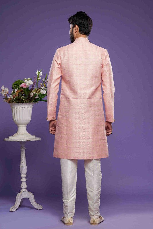 Men's Banarasi Jacquard Embroidery Semi Indo Western Sherwani In Pink Colour
