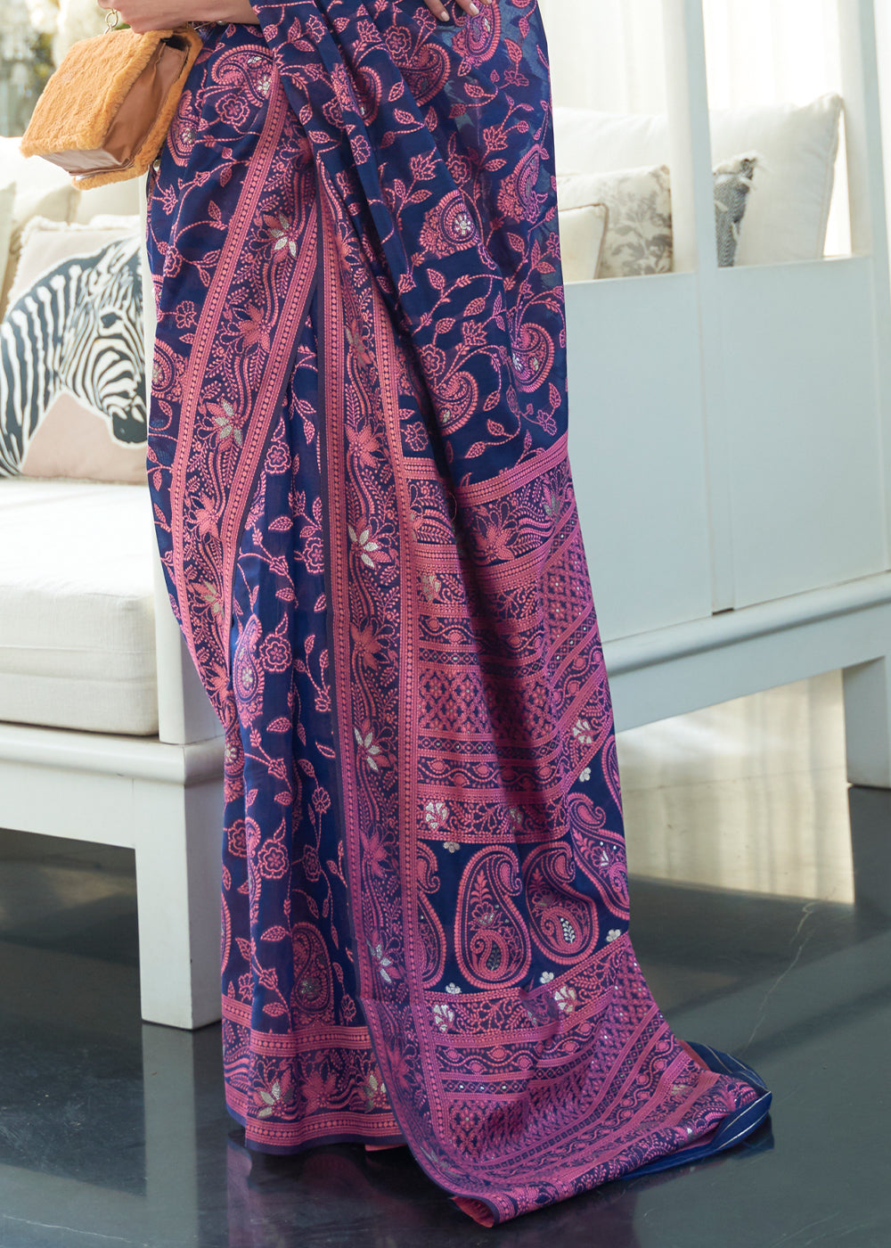 Navy Blue Lucknowi Chikankari Weaving Silk Saree - qivii