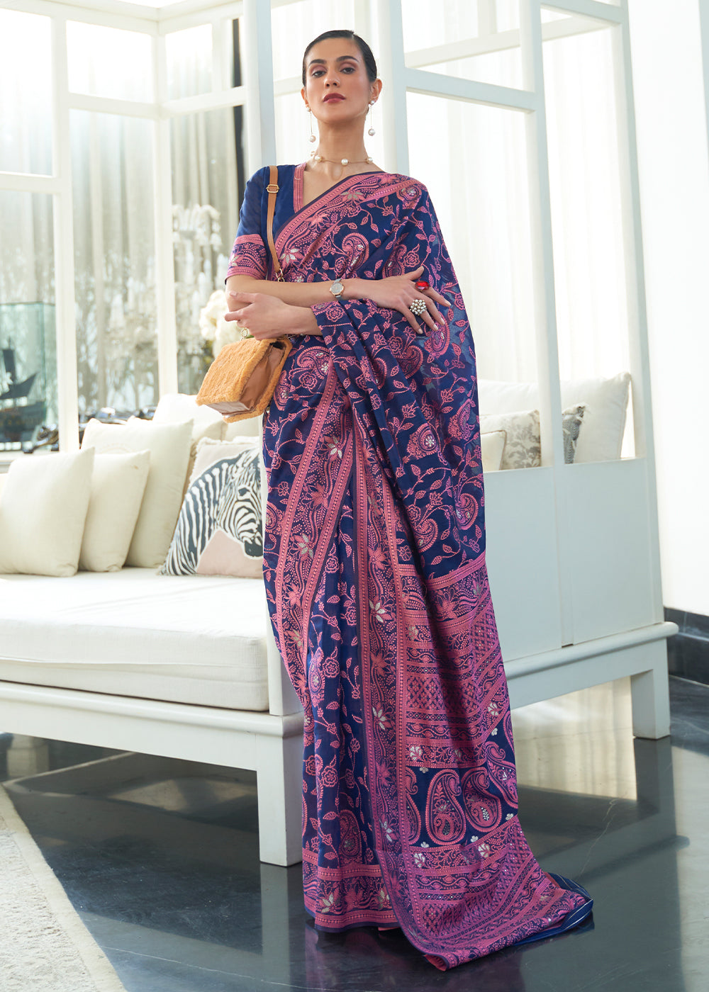 Navy Blue Lucknowi Chikankari Weaving Silk Saree - qivii