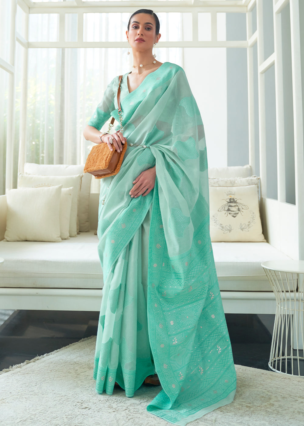Shades Of Blue Lucknowi Chikankari Weaving Silk Saree - qivii
