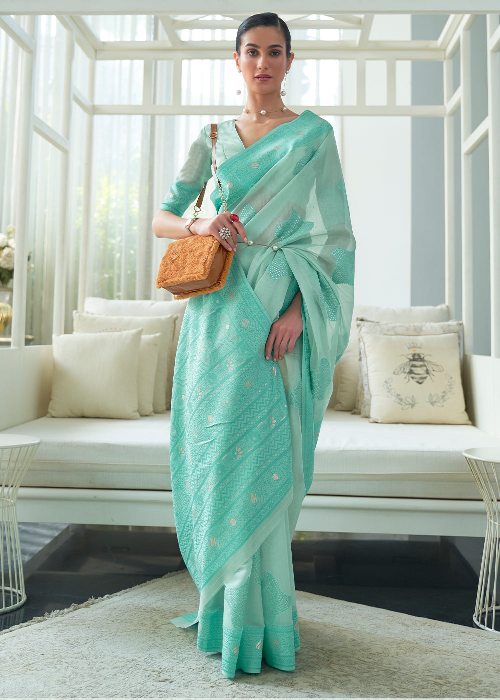 Shades Of Blue Lucknowi Chikankari Weaving Silk Saree - qivii