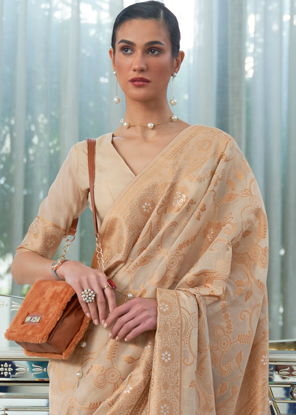 Shades Of Brown Lucknowi Chikankari Weaving Silk Saree - qivii