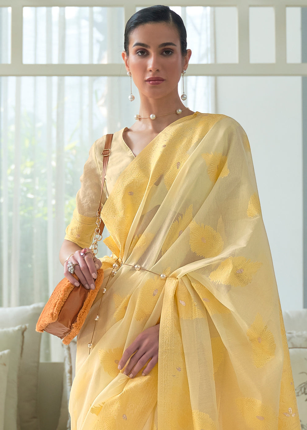 Shades Of Yellow Lucknowi Chikankari Weaving Silk Saree - qivii