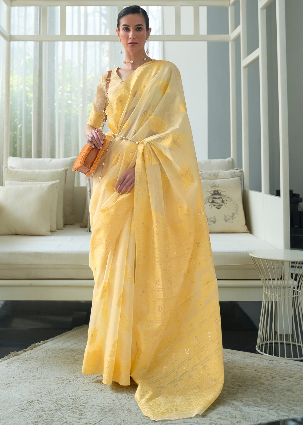 Shades Of Yellow Lucknowi Chikankari Weaving Silk Saree - qivii