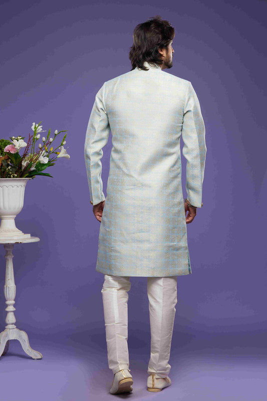 Men's Banarasi Jacquard Embroidery Semi Indo Western Sherwani In Sky Blue Colour