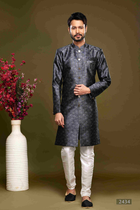 Men's Banarasi Jacquard Embroidery Semi Indo Western Sherwani In Black Colour