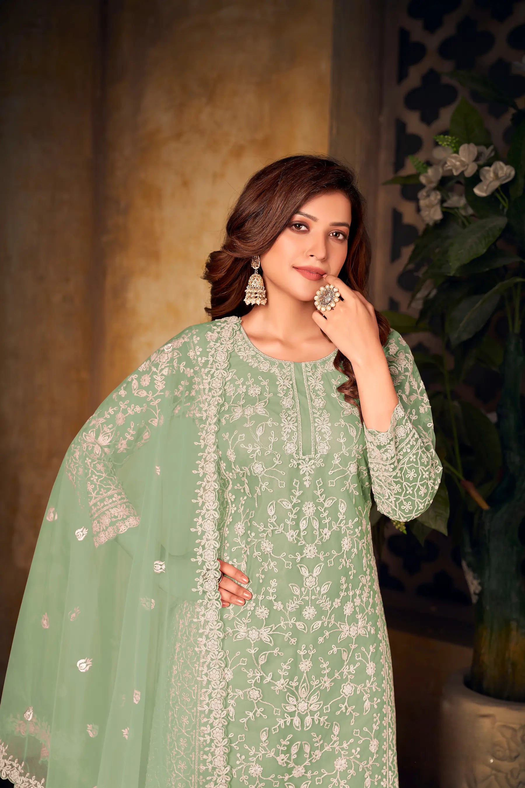 Pista Green Net Thread & Sequence Embroidery Work Salwar Suit - qivii