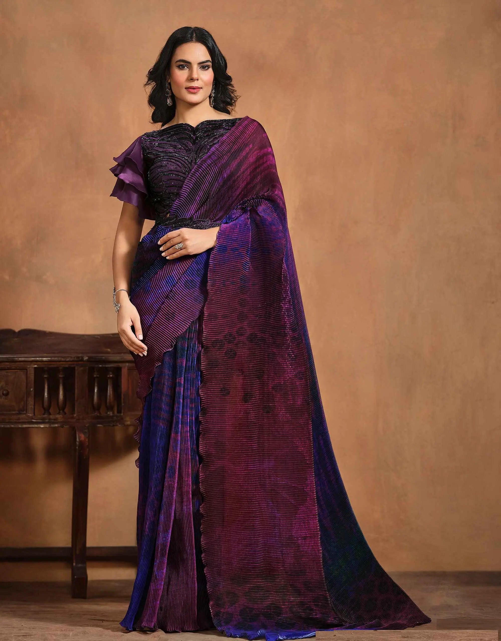 Wine Berry Digital Print Draped Saree With Hand Work Blouse - qivii